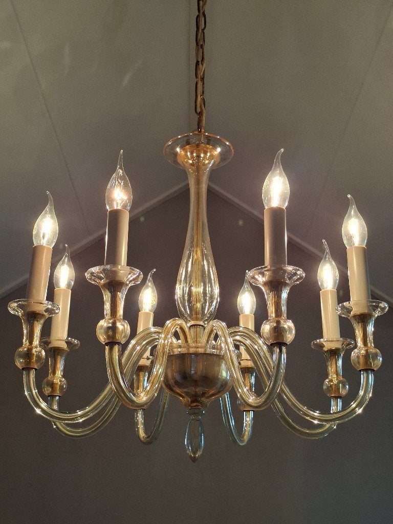 Vintage Italiaanse Murano 8 armige kroonluchter - Kristal ., Ophalen, E14 (klein), Glas, Vintage Murano kroonluchter