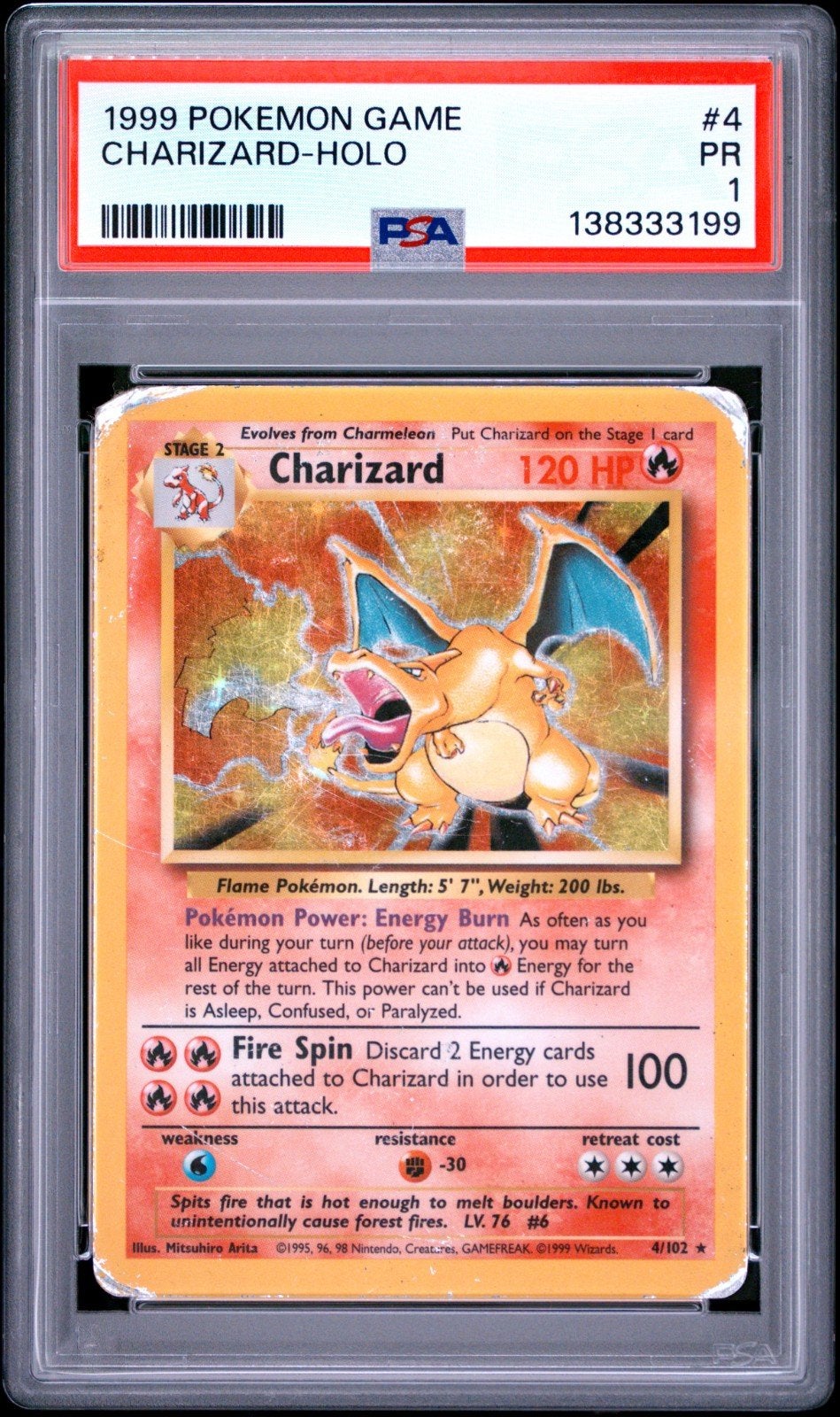 PSA 1 1999 Pokemon game Charizard Holo #4, Ophalen, Gebruikt, Losse kaart, Foil