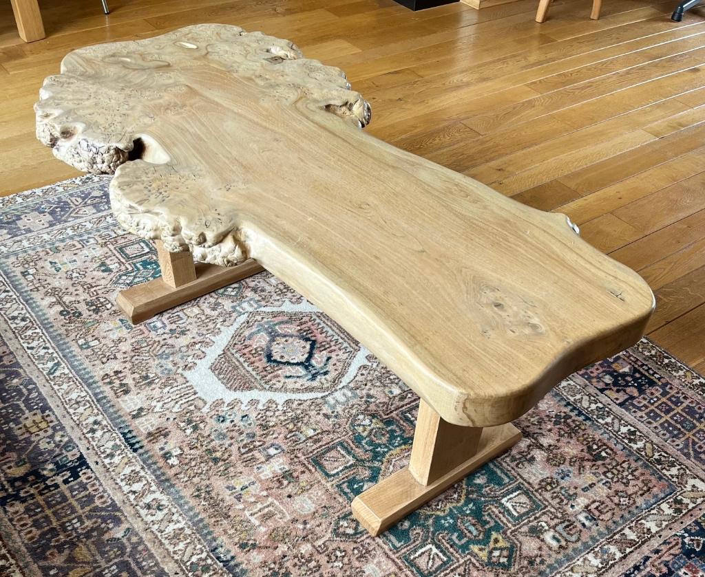 Unieke iepenhouten salontafel, Ophalen, Gebruikt, 100 tot 150 cm, 50 tot 100 cm