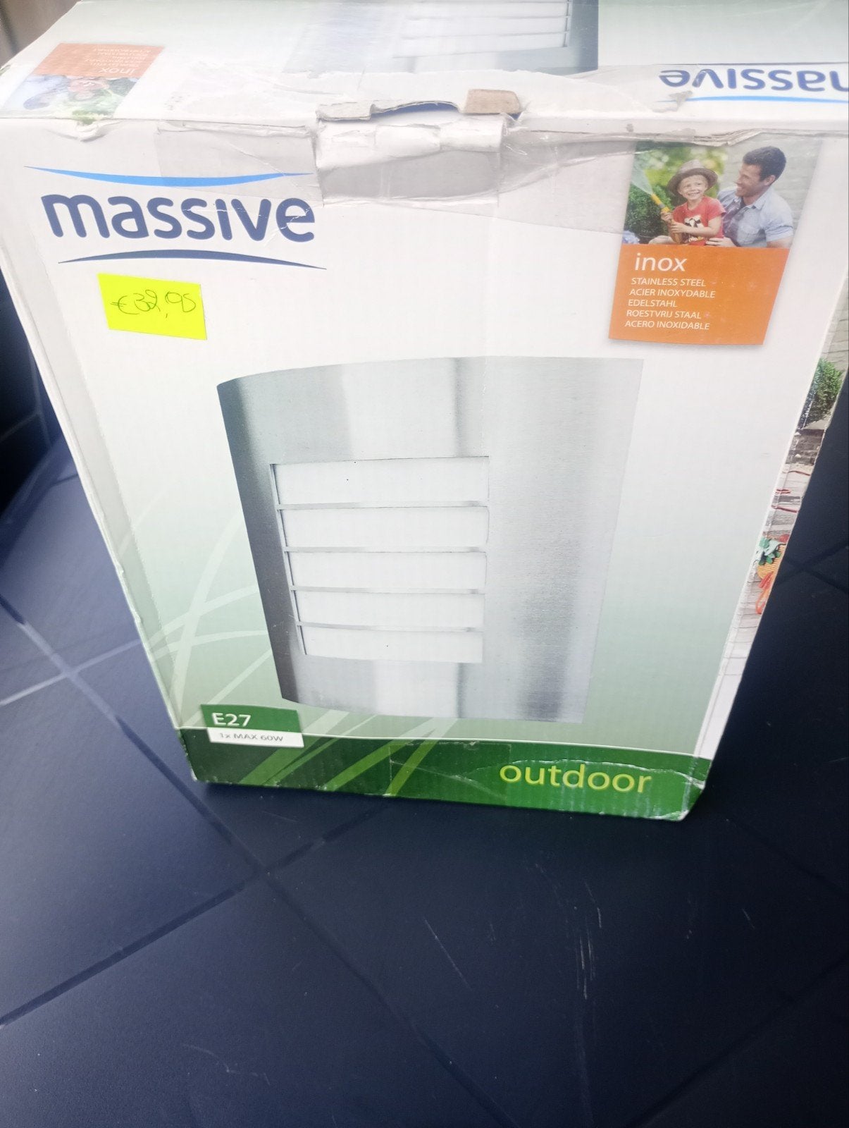 Massive Inox Buitenlamp E27 - Nieuw in doos, Minder dan 50 watt, Wandlamp, Nieuw, Ophalen of Verzenden