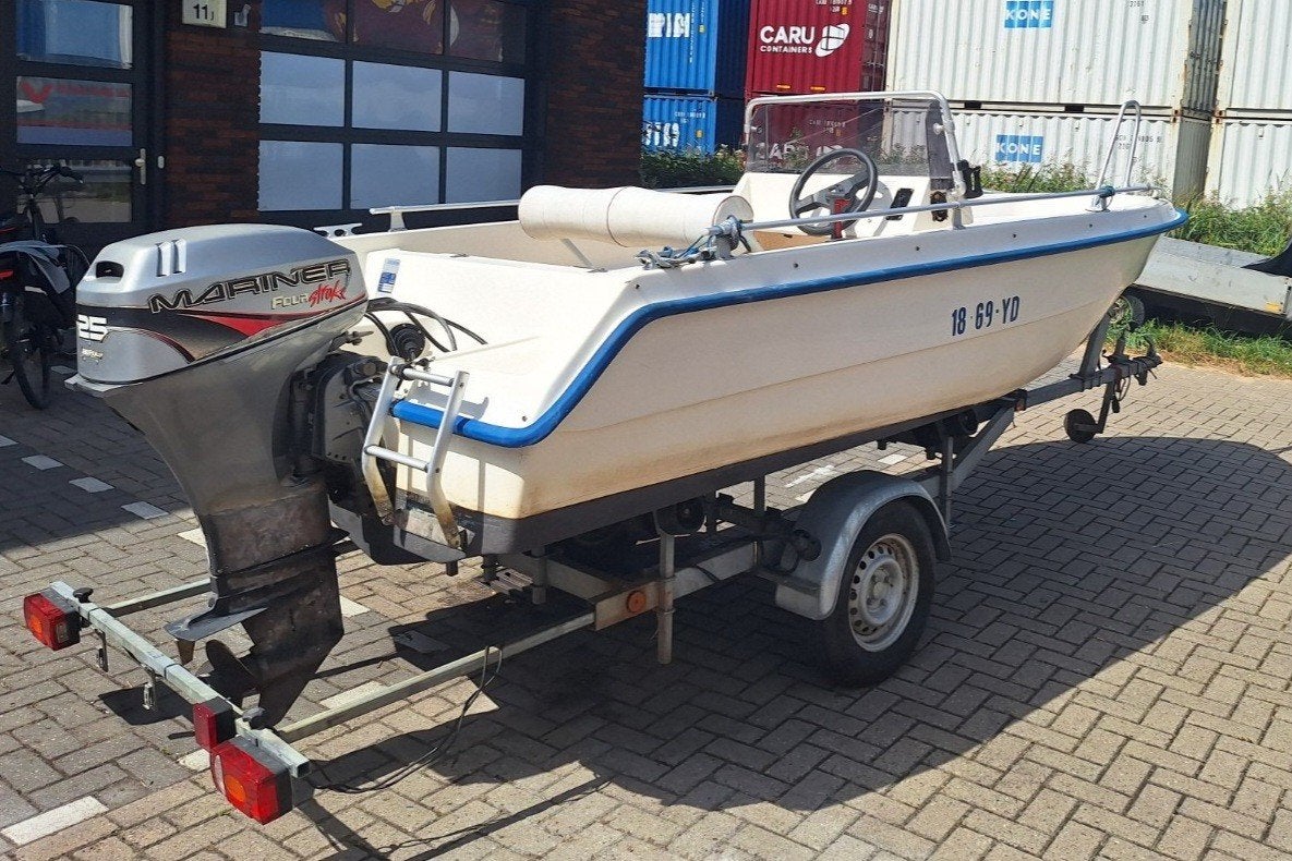 Askeladden polyester motorboot, inclusief Mariner Big Foot 2, Ophalen, Elektrische start