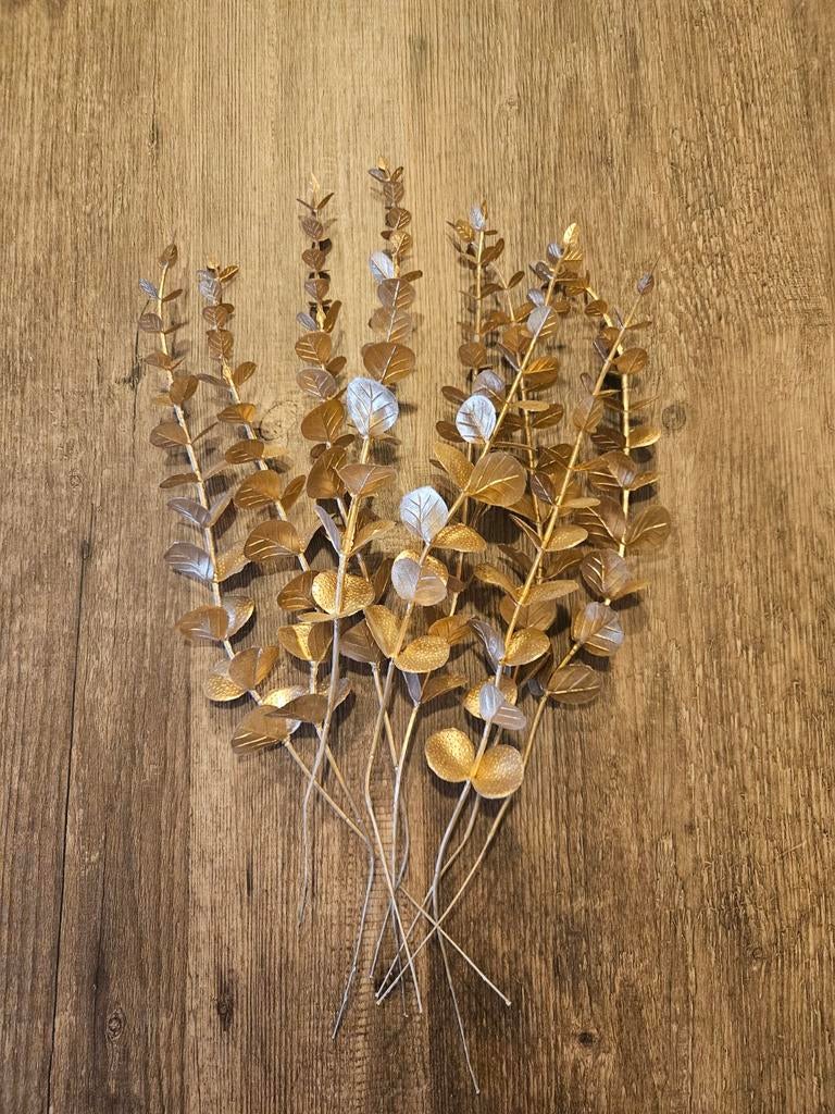 Gouden decoratieve eucalyptus takken, Ophalen, Kunststof, Zo goed als nieuw, Goud