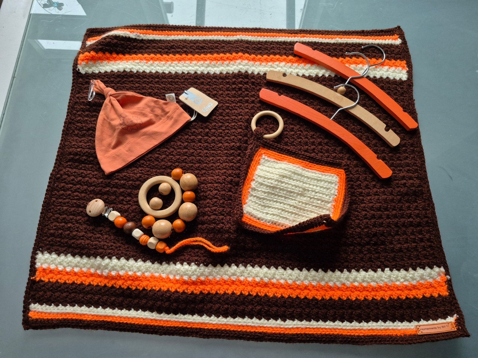 Handgehaakt babydekentje set  Bruin, Oranje, Wit, Nieuw, Ophalen of Verzenden, Handgemaakt, Bruin