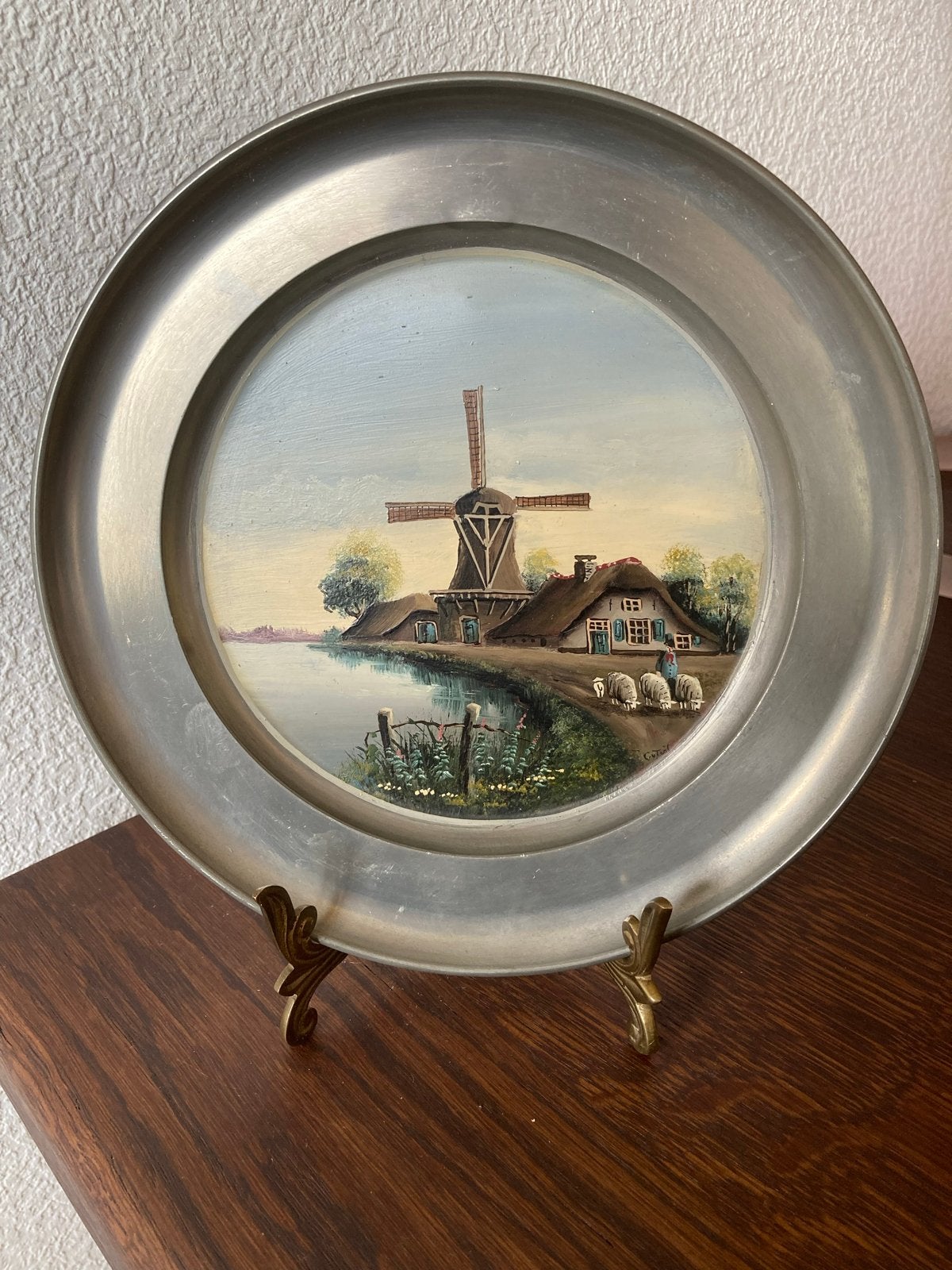 Olieverf Schilderij C. v. Tuil op Edeltinnen Bord Molen, Ophalen of Verzenden