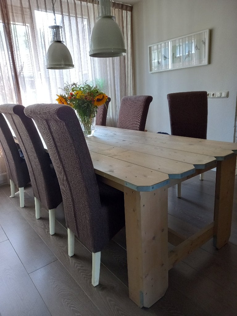 Steigerhouten kloostertafel incl. 6 stoelen, Ophalen, Gebruikt, Landelijk, 4 tot 6 stoelen