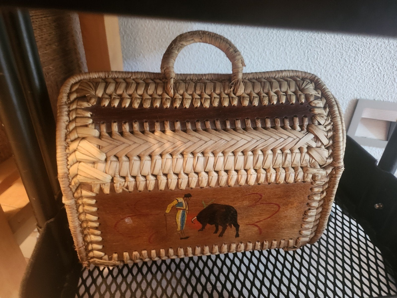 Vintage rieten tas met stierenvechter motief, Ophalen of Verzenden