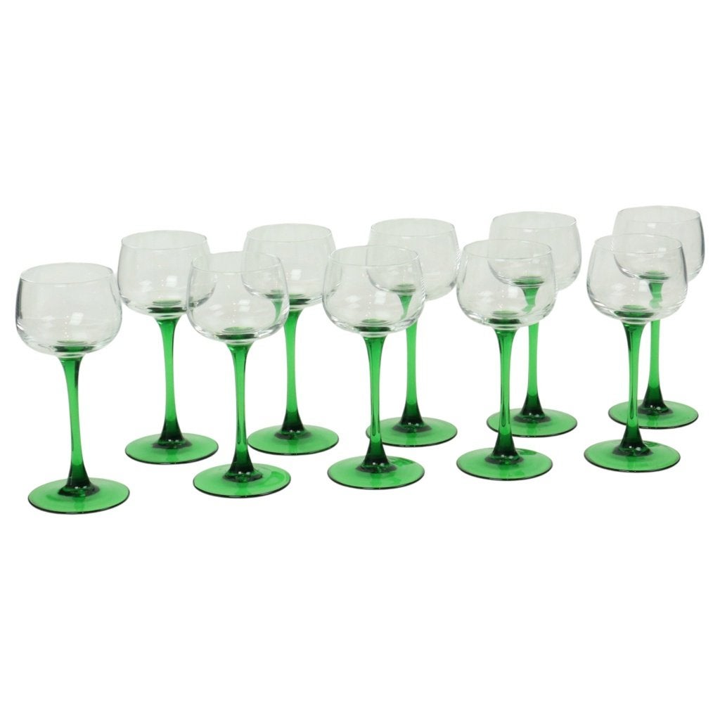 Set Van 10 Vintage Luminarc Elzas Wijnglazen Groene Voet, Verzamelen, Ophalen of Verzenden, Zo goed als nieuw, Overige typen