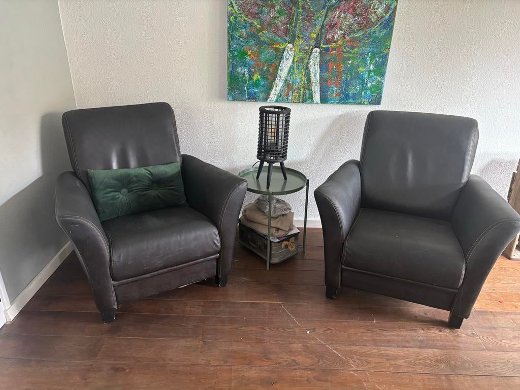 Één van deze twee comfortabele donkerbruine leren fauteuils, Ophalen, Gebruikt, Twee, Bruin