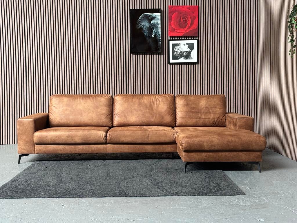 GRATIS LEVERING Loungebank Cognac 300x150 GEREINIGD, Hoekbank, 300 cm of meer, Ophalen of Verzenden, Zo goed als nieuw