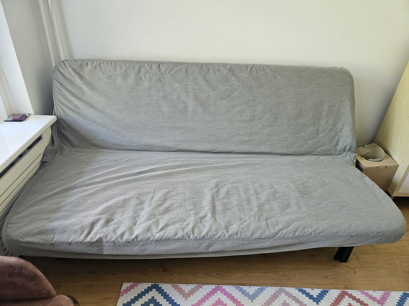 Grijze slaapbank/futon, Ophalen, Gebruikt, Tweepersoons, 180 cm