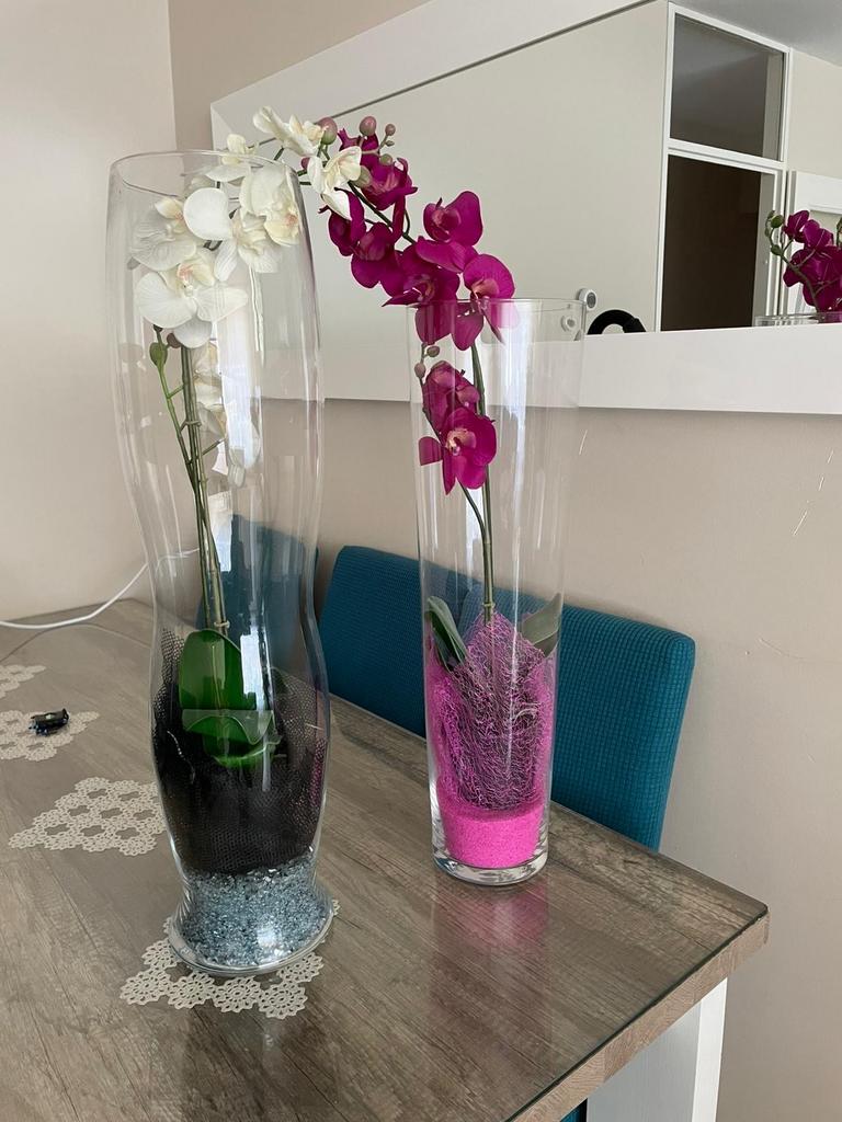 Vazen met kunst orchideeën, Huis en Inrichting, Woonaccessoires | Vazen, Ophalen, Zo goed als nieuw, Overige kleuren, Glas