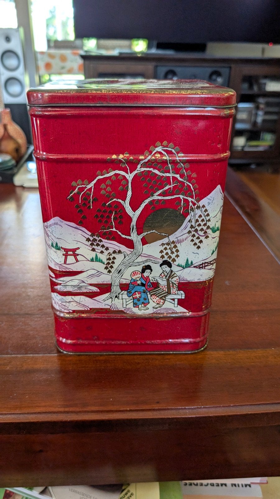 Vintage theeblik met Aziatische decoratie, Antiek en Kunst, Ophalen of Verzenden