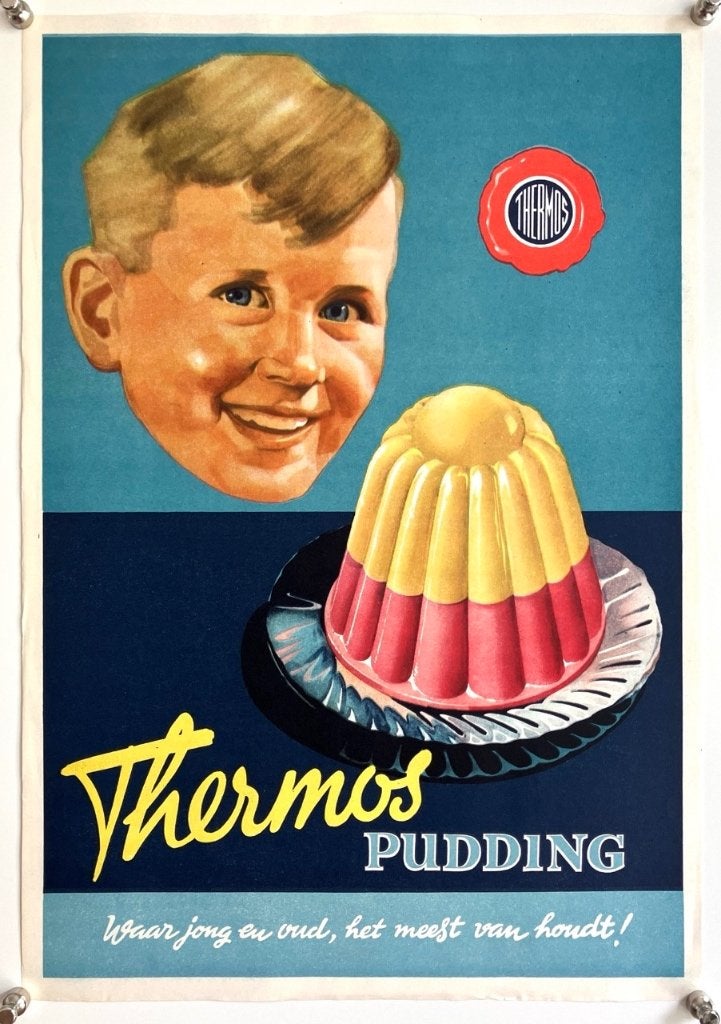 Originele jaren 50/60 poster - Thermos Pudding, Verzenden, Gebruikt, Reclamebord