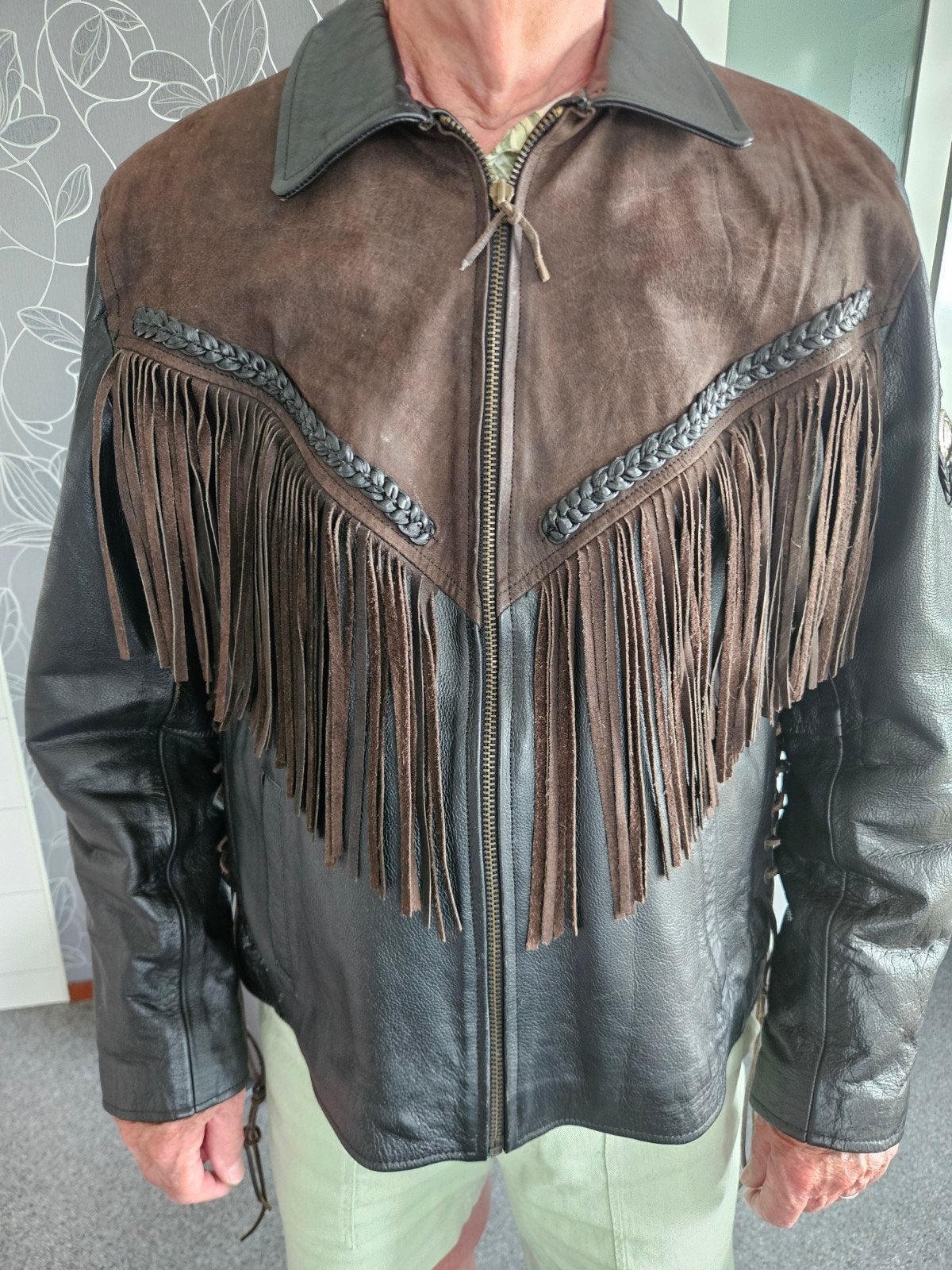 Te koop aangeboden leren jas met suède, Ophalen, Maat 56/58 (XL), Bruin