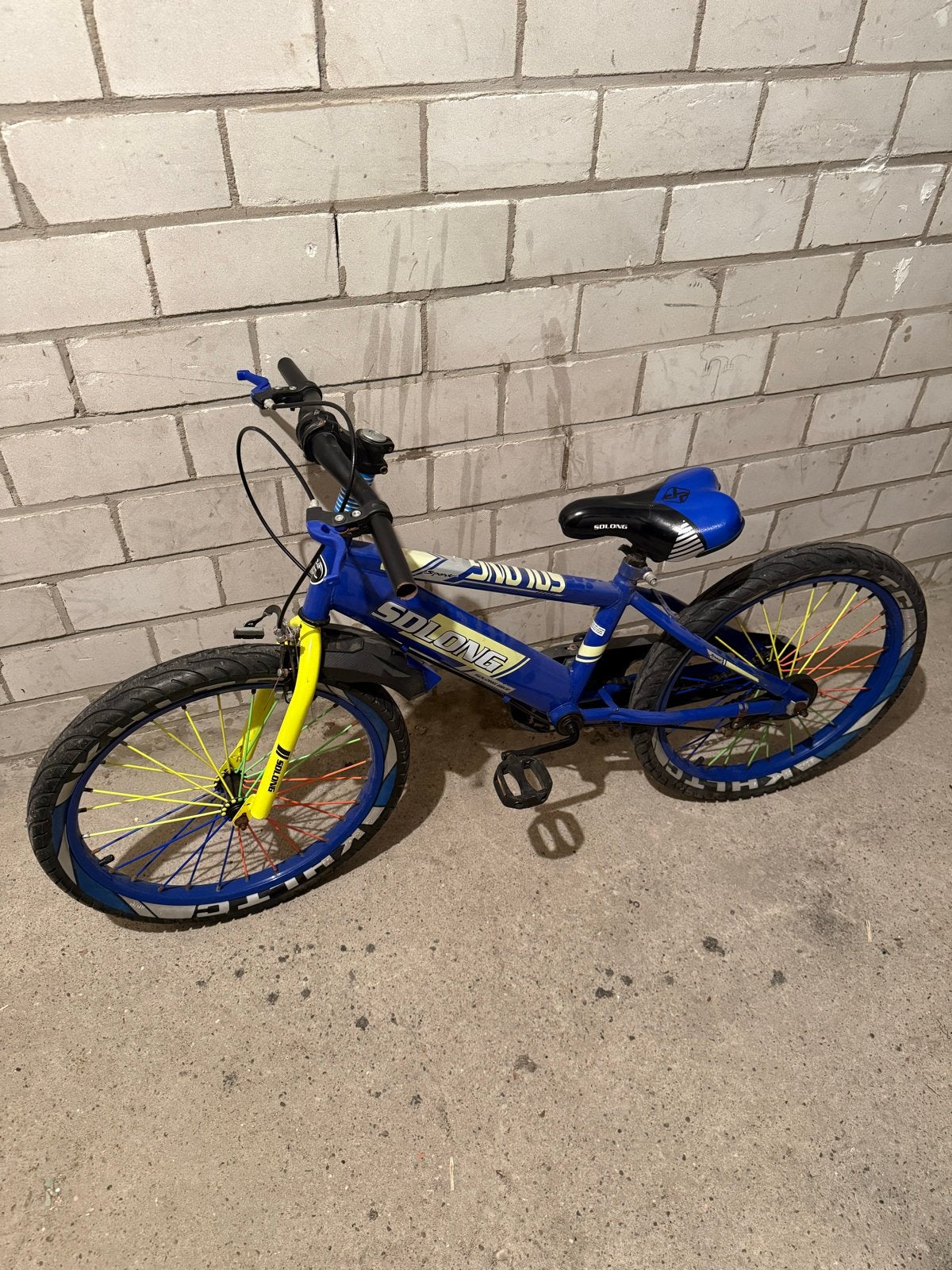 Blauwe kinderfiets met kleurrijke spaken, Overige merken, Gebruikt, Velgrem, Minder dan 49 cm