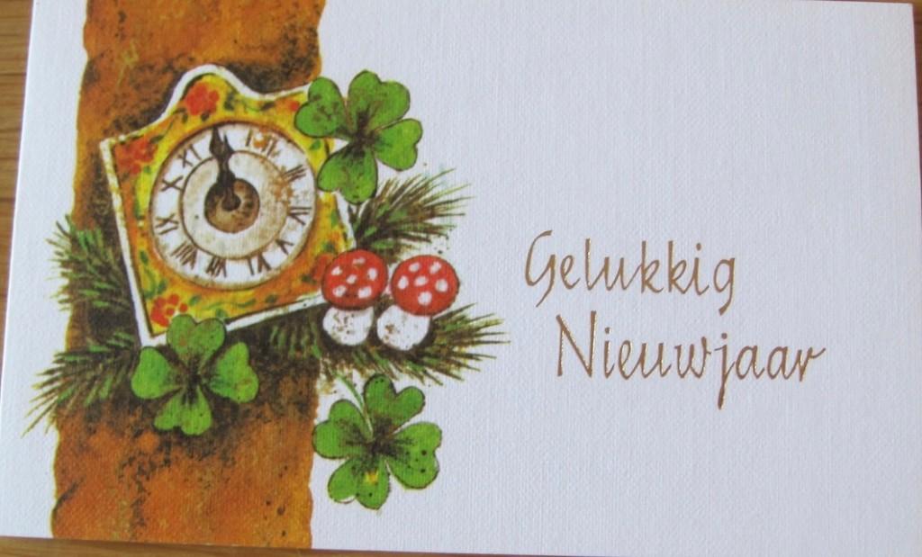 Gelukkig nieuwjaar - klok - klavertje vier - paddestoelen, Verzenden, 1980 tot heden, Ongelopen, Overige thema's