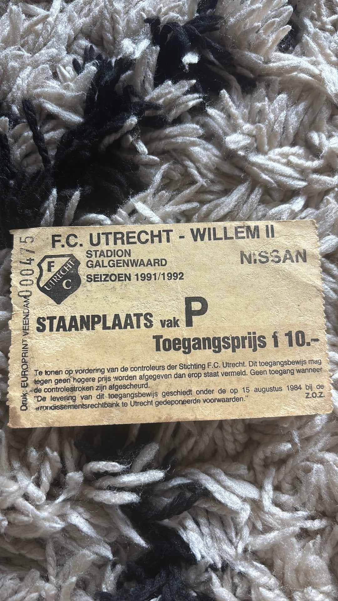 Oud stadionticket fc utrecht willem II 1991-1992, Verzamelen, Ophalen of Verzenden, Zo goed als nieuw, F.C. Utrecht