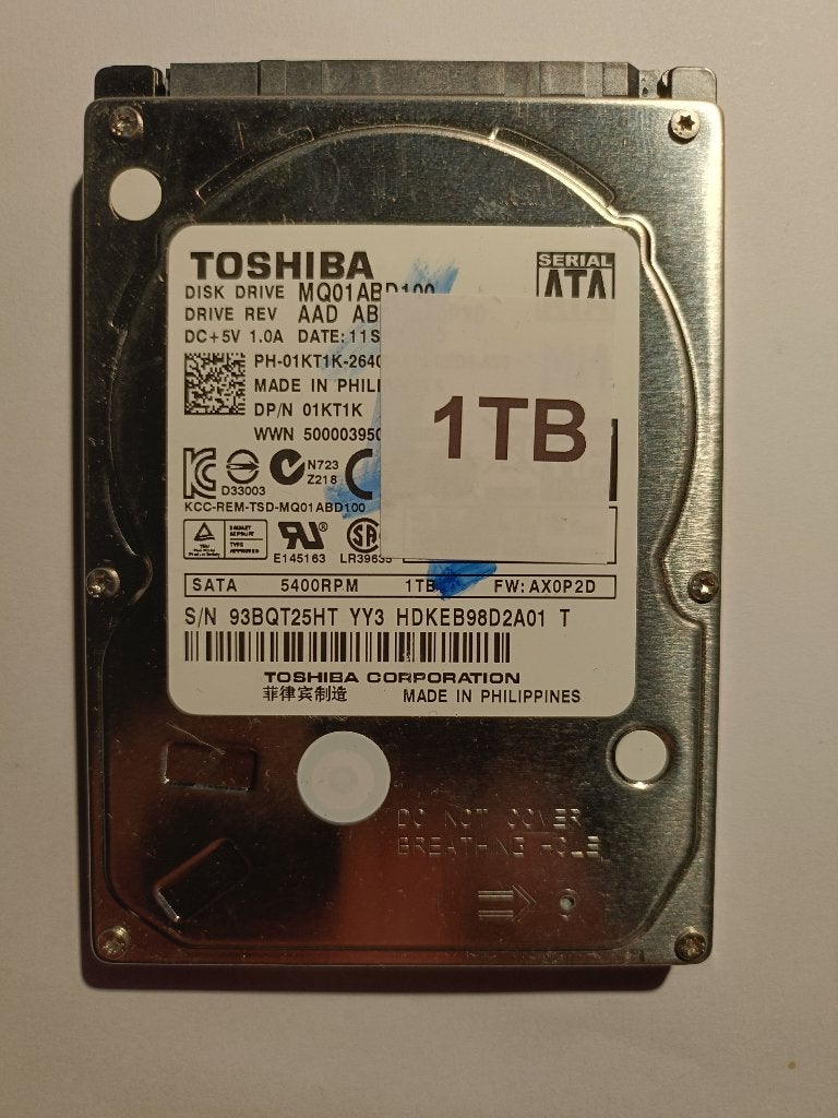 Toshiba 1TB 1000GB 2.5" Harde Schijf (SATA / 5400 RPM), Intern, Toshiba, Info@toshiba.com, Refurbished