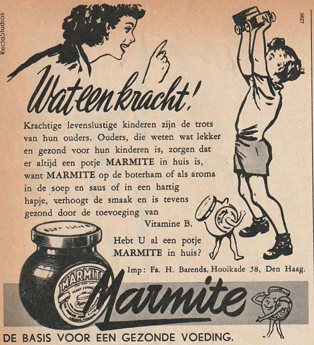 Retro reclame 1955 Marmite jongetje met enorme kracht, Verzenden, Overige typen