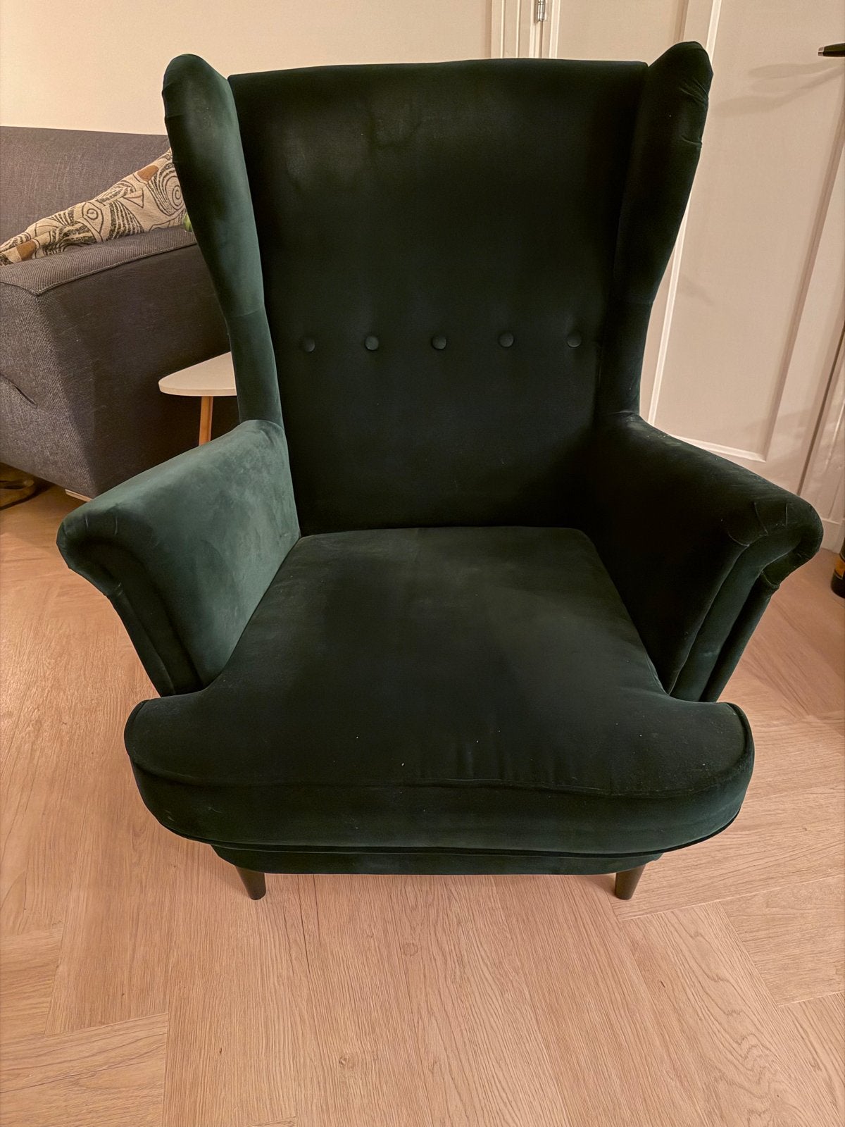 Ikea Strandmon fauteuil velours groen, Ophalen, Zo goed als nieuw, Stof, 75 tot 100 cm