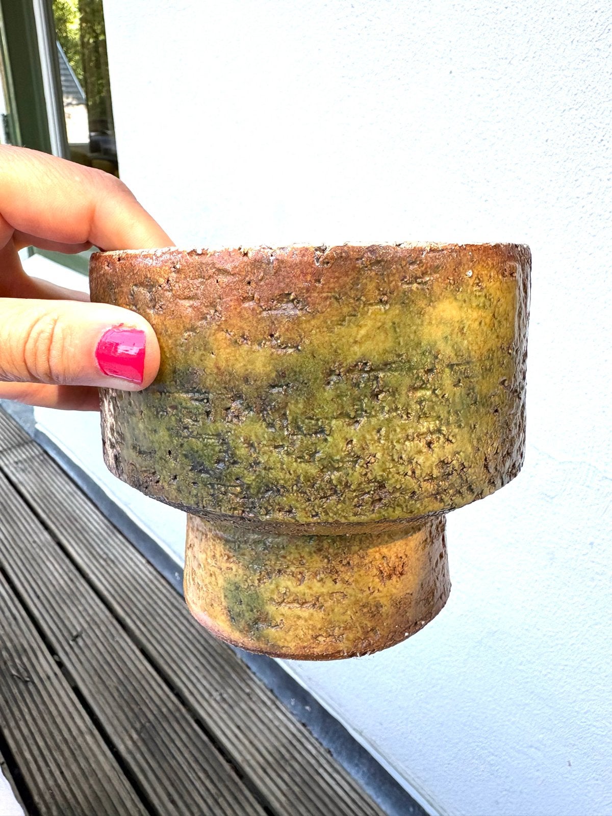 Vintage berkenbast keramieken pot plantenpot jaren ’60/’70, Rond, Ophalen of Verzenden, Zo goed als nieuw, Balkon