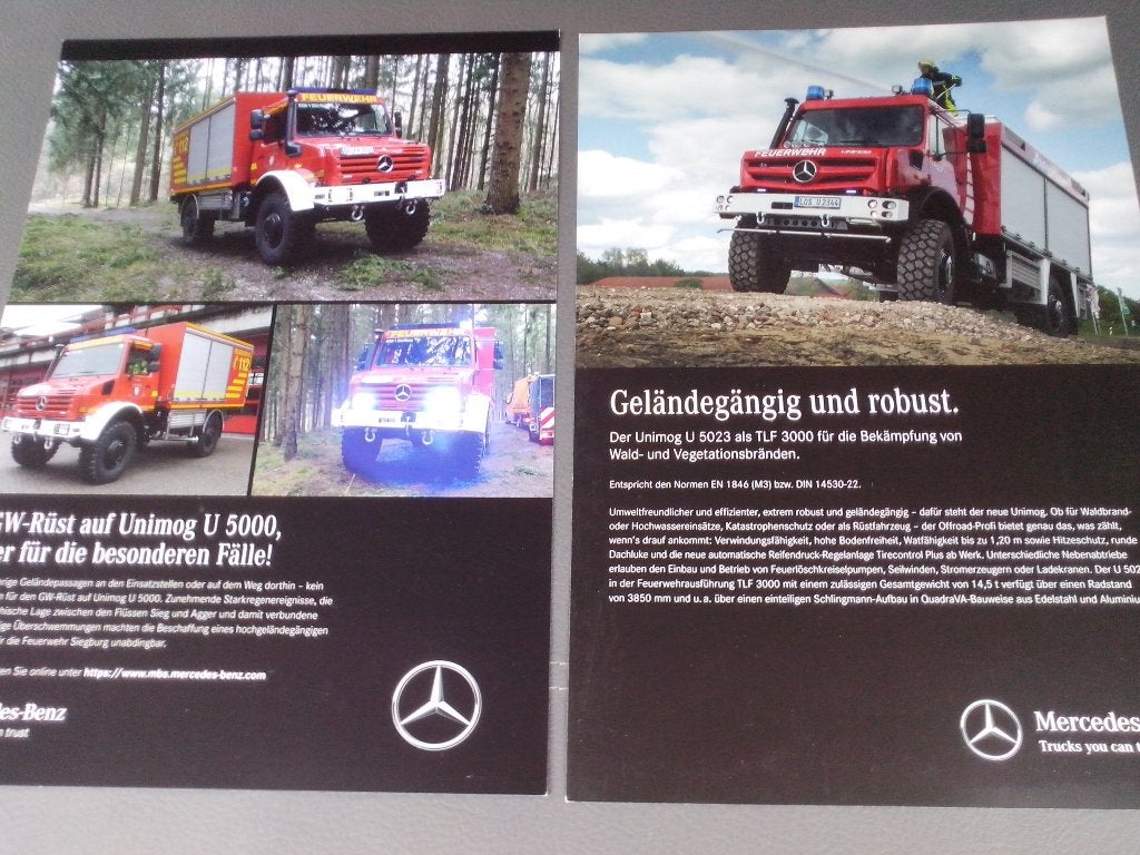 4x Mercedes Unimog folders brochures - brandweer dubbele cab, Boeken, Auto's | Folders en Tijdschriften, Ophalen of Verzenden