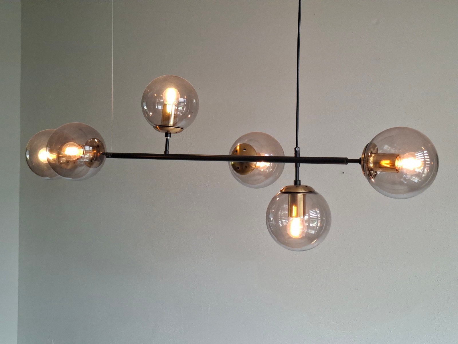 Moderne hanglamp met 6 lichtpunten en lampen, Ophalen, Gebruikt, E27 (groot), Glas
