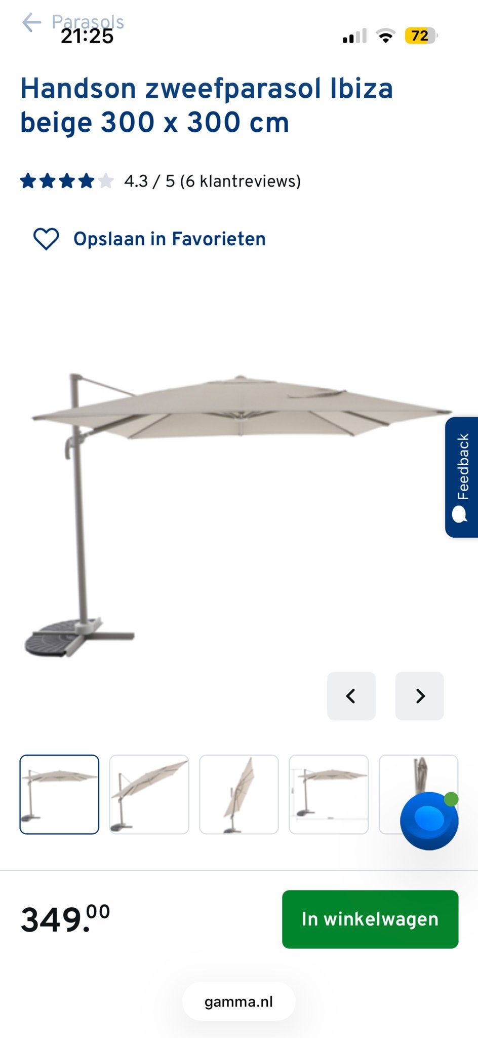 Zweefparasol 3x3m met voetstukken en afdekhoes, Tuin en Terras, Ophalen, Zo goed als nieuw, 3 tot 4 meter, Zweefparasol