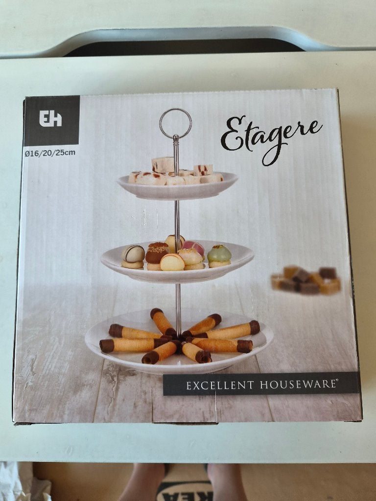 Nieuw in doos Etagère 3 lagen met oppak ring., Etagère, Nieuw, Ophalen of Verzenden, Demontabel