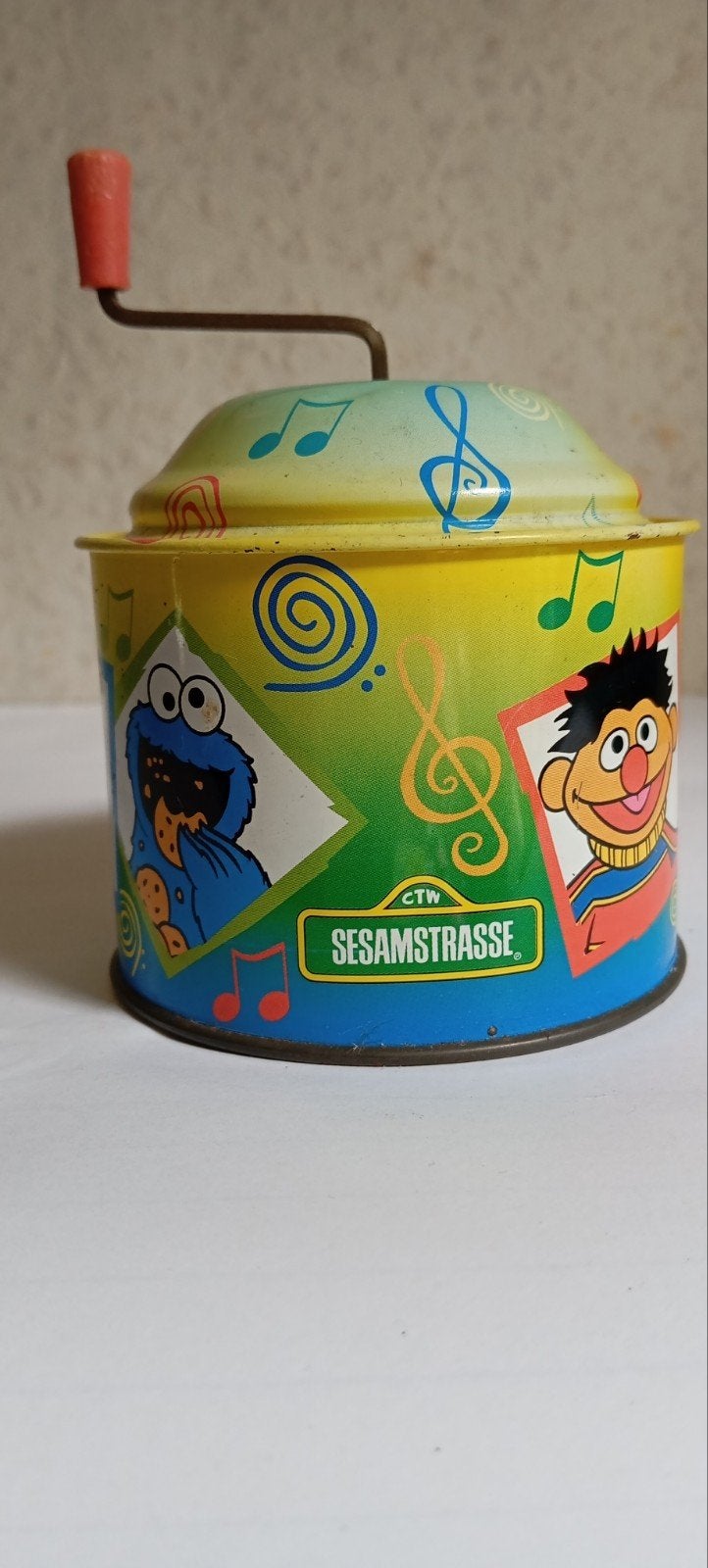 vintage SESAMSTRAAT blikken draai/muziekdoosje met hendel, Antiek en Kunst, Ophalen of Verzenden