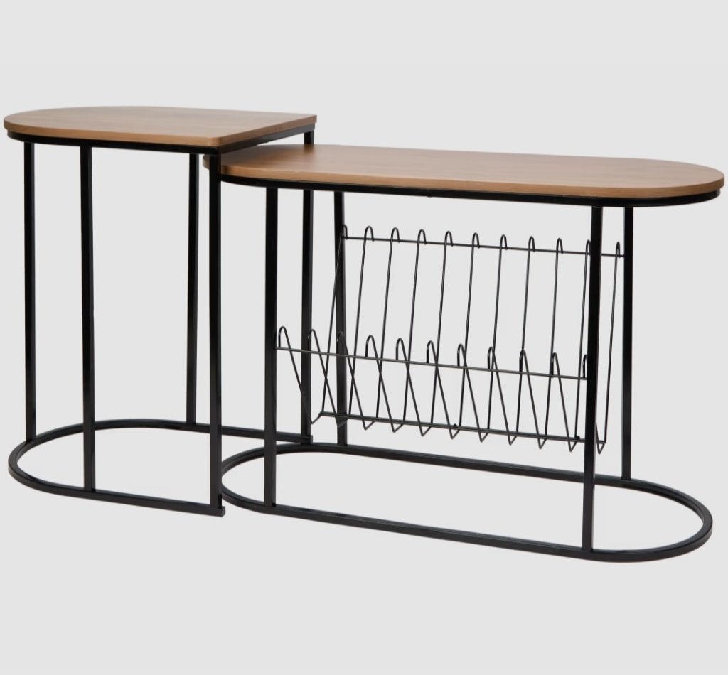 Bijzettafel set 2 - zwart en hout (nieuw in doos), Minder dan 55 cm, Metaal of Aluminium, Nieuw, Ovaal