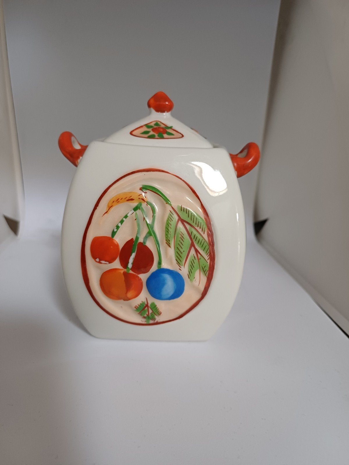 Vintage aardewerk potje met fruitdecoratie, Ophalen of Verzenden
