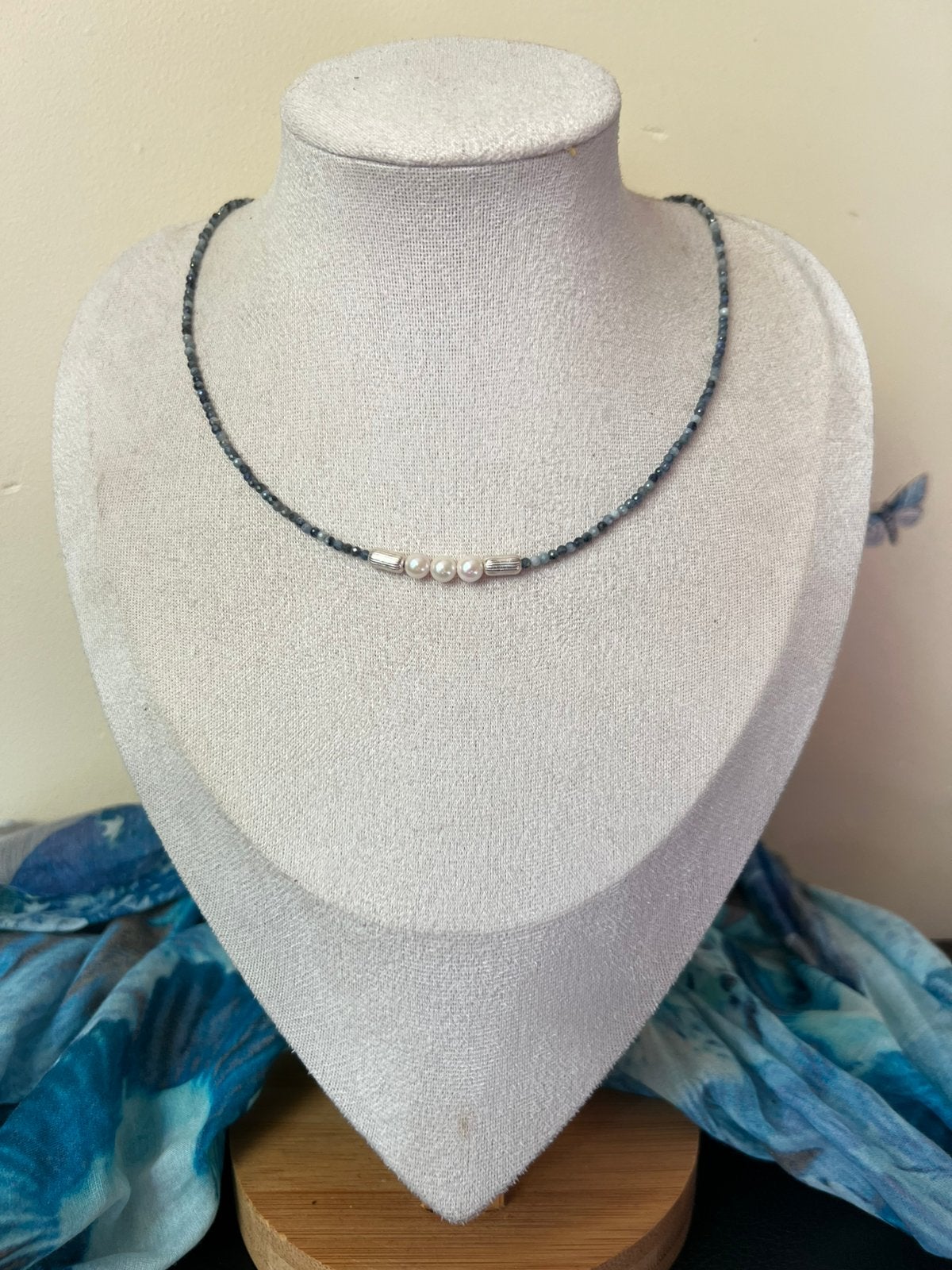 Saffier blue jeans Akoya zoutwater parel wijsheid uniek, Sieraden, Tassen en Uiterlijk, Kettingen, Blauw, Magnolia11, Nieuw, Ophalen of Verzenden