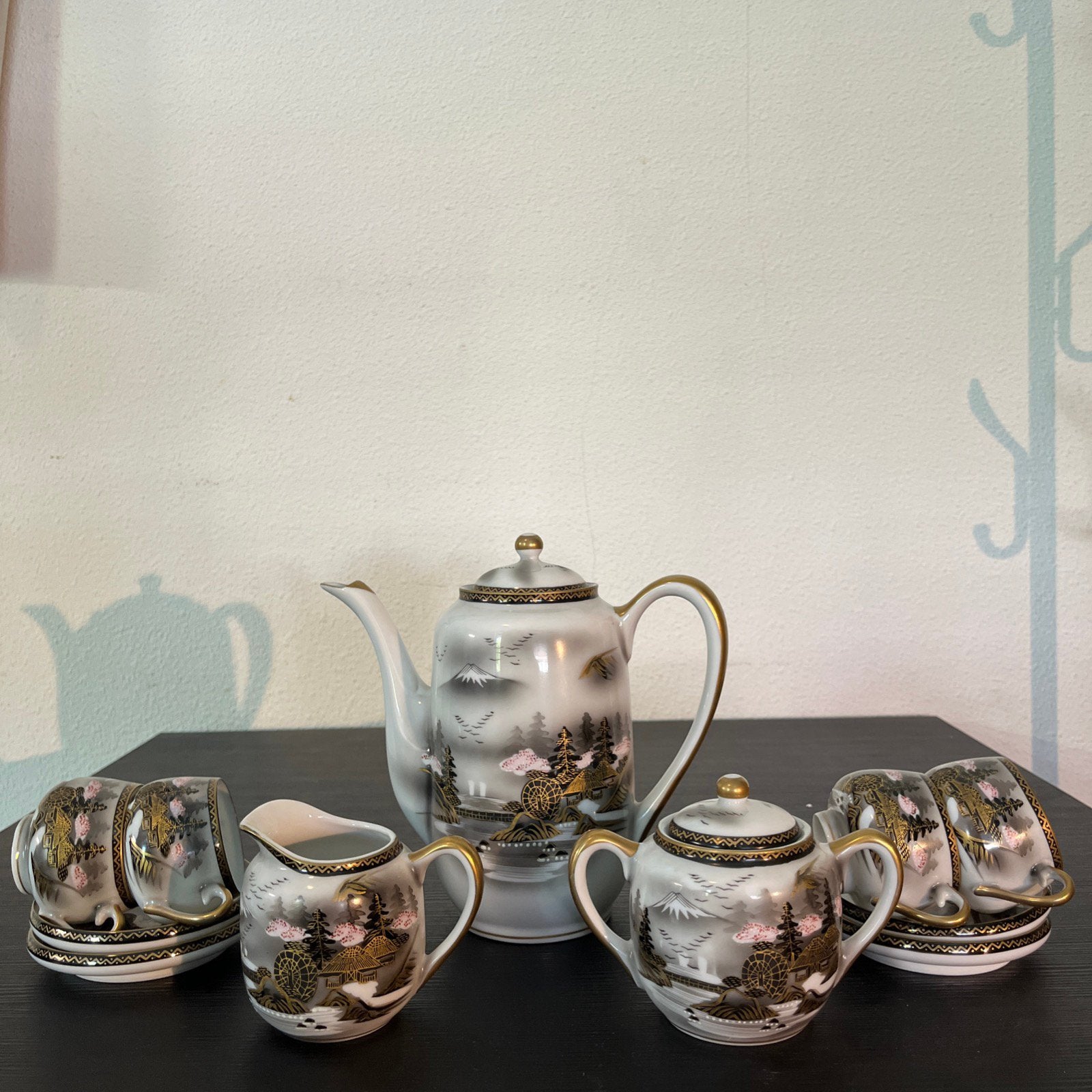 Vintage Kutani Ohno theeservies Geisha lithofaan porselein, Ophalen