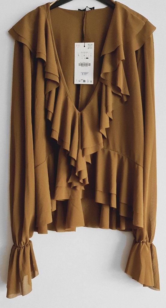 Zara Blouse met Ruches - Nieuw met kaartje, Bruin, Zara, Maat 42/44 (L), Nieuw