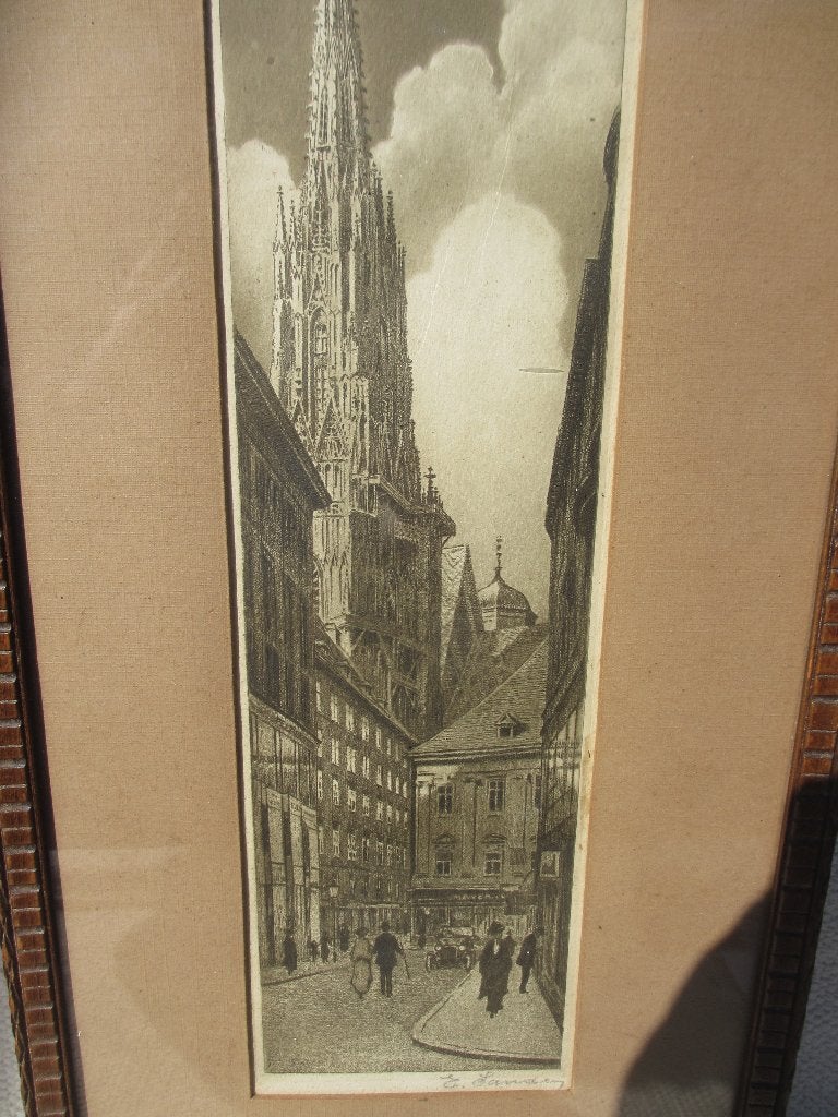 Antieke ets Eduard Sanders 1925 / 1930, 8 cm, Ets, Stadsgezicht, 29 cm