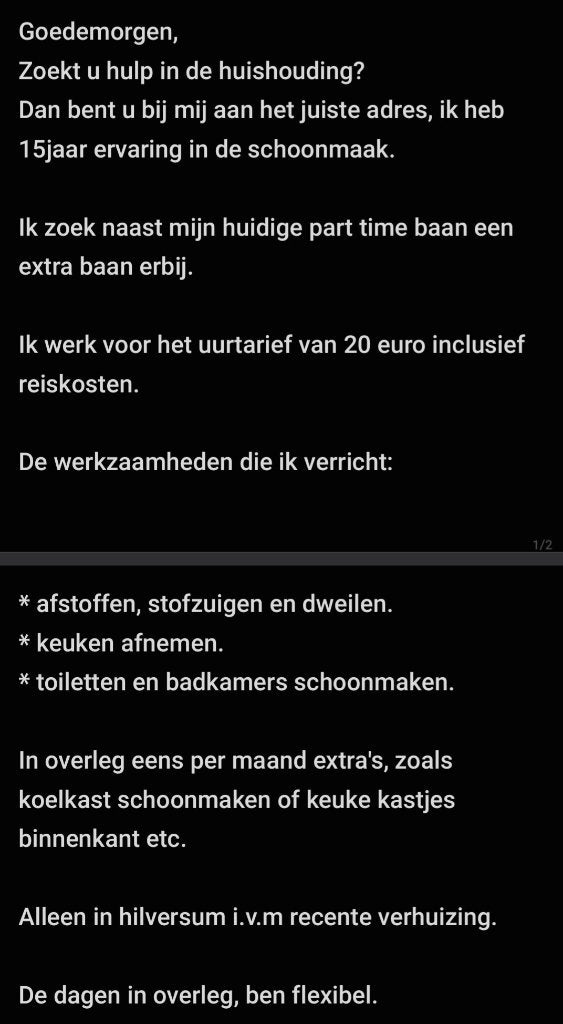Ervaren huishoudelijke hulp aangeboden., Schoonmaken