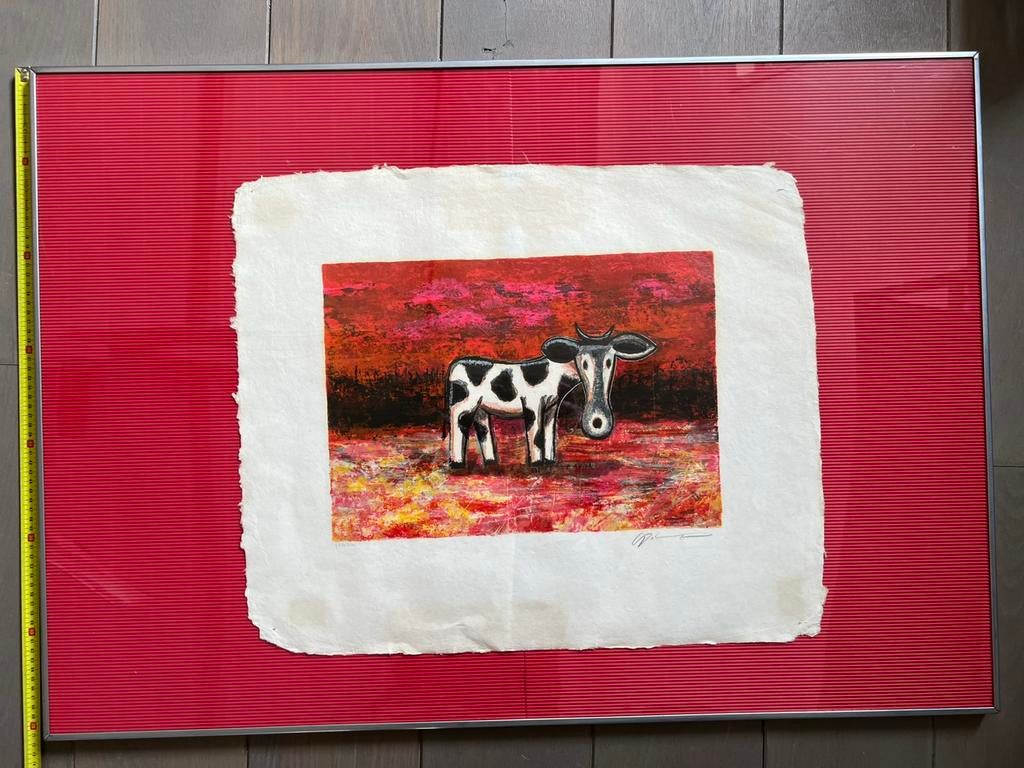 gesigneerde mixed media kunst kleurrijke koe op papier, Ophalen
