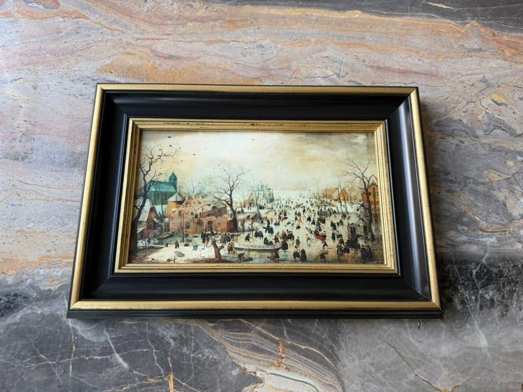 Winterlandschap met schaatsers, ingelijst (34cm*23cm), Antiek en Kunst, Kunst | Schilderijen | Klassiek, Ophalen of Verzenden