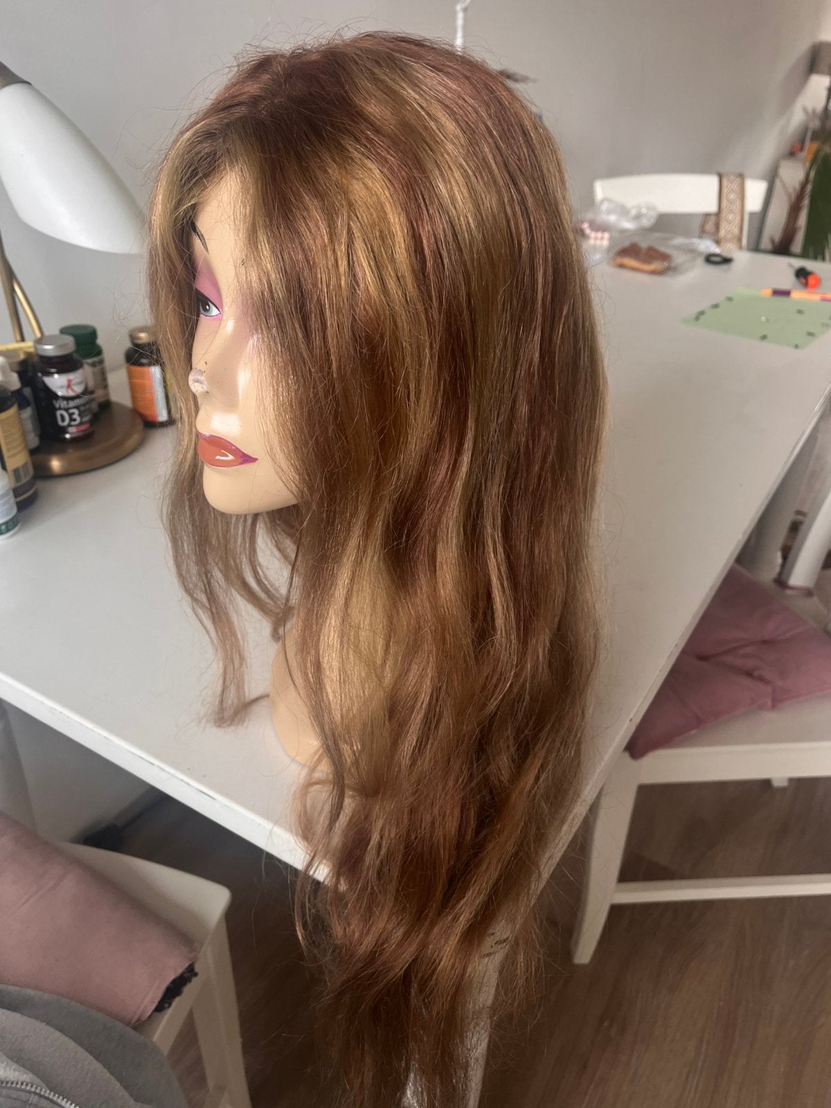 New Lace wig warm red with highlights, 100% real hair, 90 cm, Ophalen of Verzenden, Zo goed als nieuw, Pruik of Haarverlenging