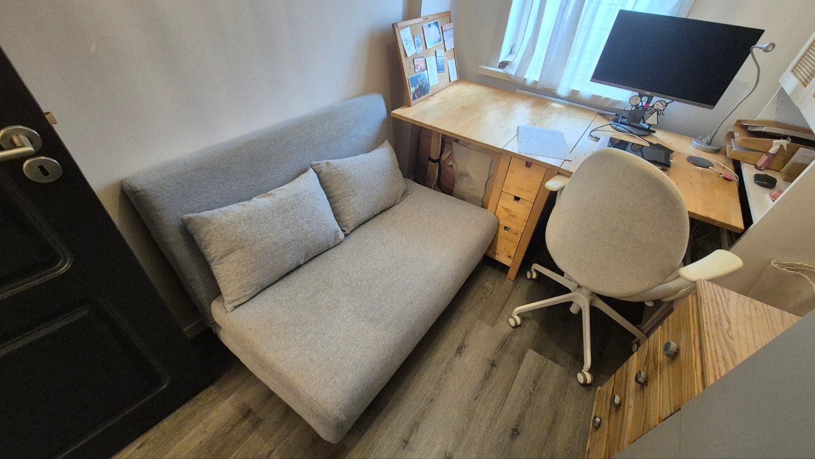Slaapbank grijs met eiken pootjes, Ophalen, Gebruikt, Tweepersoons, 140 cm