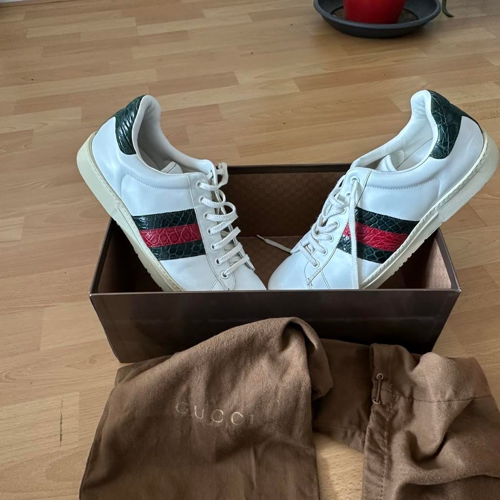 Gucci Ace Sneakers met alligator leer maat 41/42, Ophalen, Gedragen, Wit, Sneakers of Gympen