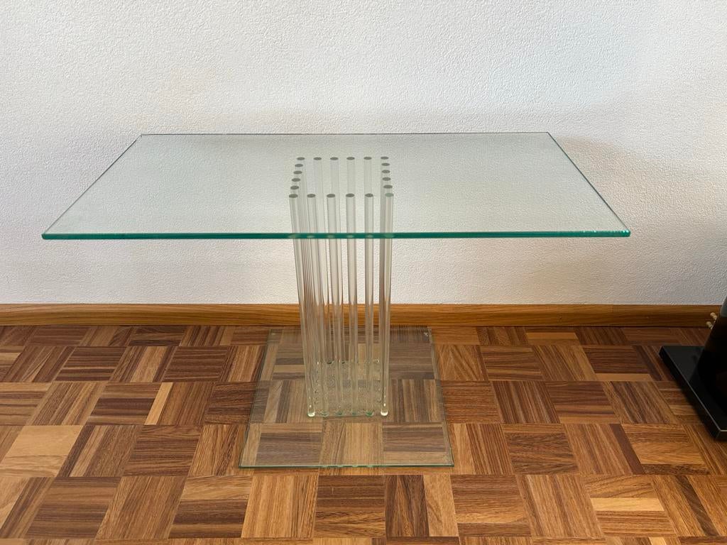 Glazen TV meubel met unieke zuilvoet, Huis en Inrichting, Ophalen, Gebruikt, 100 tot 150 cm, Glas