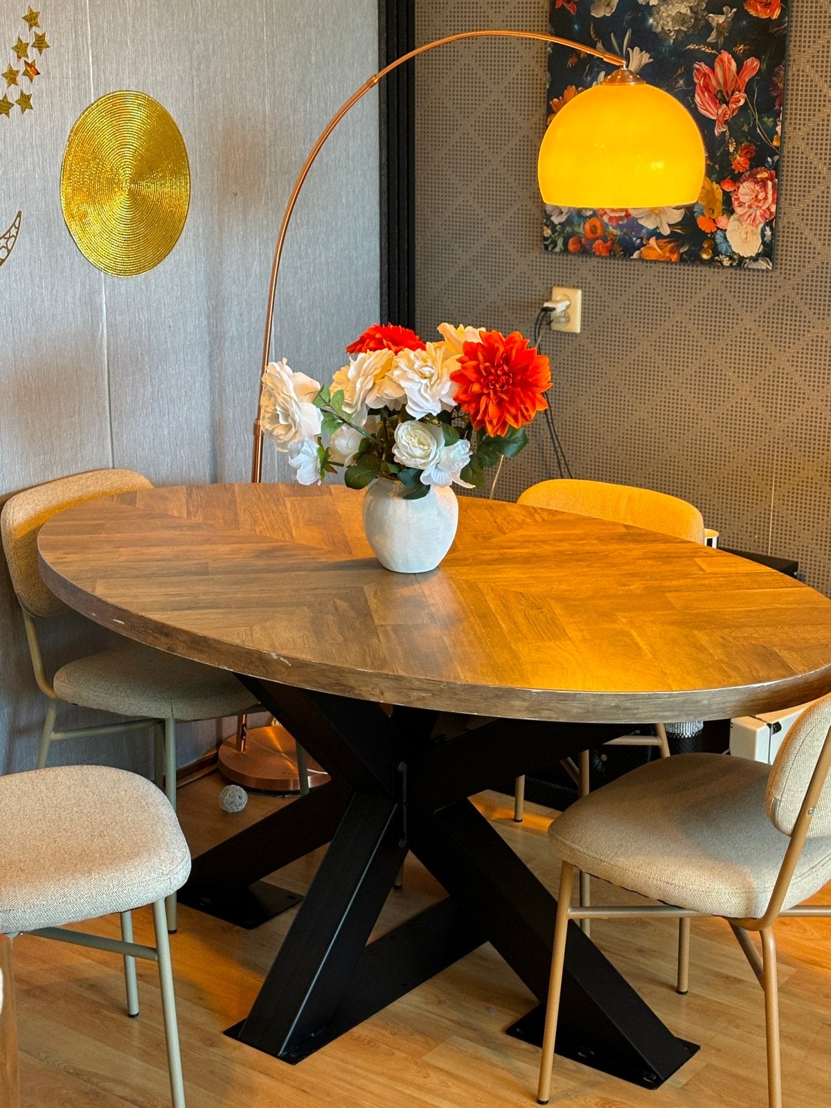 Ovale Visgraat Eettafel 160x100 x 78 cm– Licht Eiken Look, Ophalen, 100 tot 150 cm, Zo goed als nieuw, Vijf personen of meer