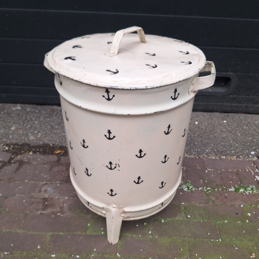 Vintage Metalen Witte Emmer / Prullenbak / Beschilderd Anker, Ophalen, 50 – 75, Gebruikt, -