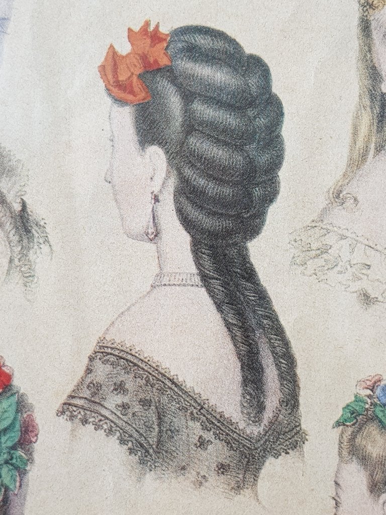 Mooie antieke ingelijste kappersmode prent uit Duitsland., Ophalen of Verzenden