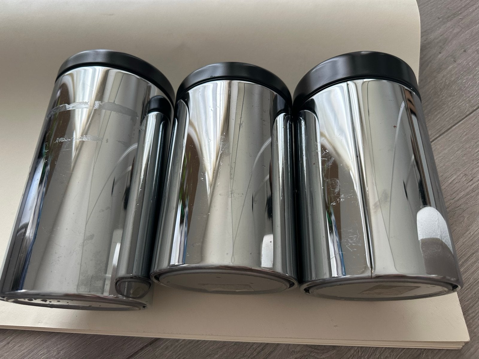 Set van 3 RVS voorraadbussen met zwarte deksels, Ophalen, Gebruikt, Zilver, Voorraadpot