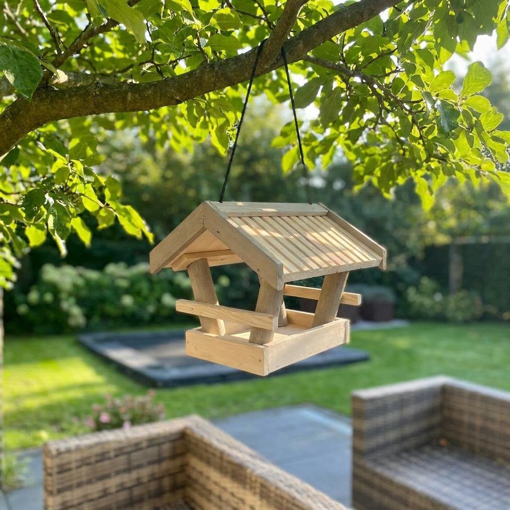 Hangend houten vogelvoederhuis 29 cm, Ophalen of Verzenden, Zo goed als nieuw