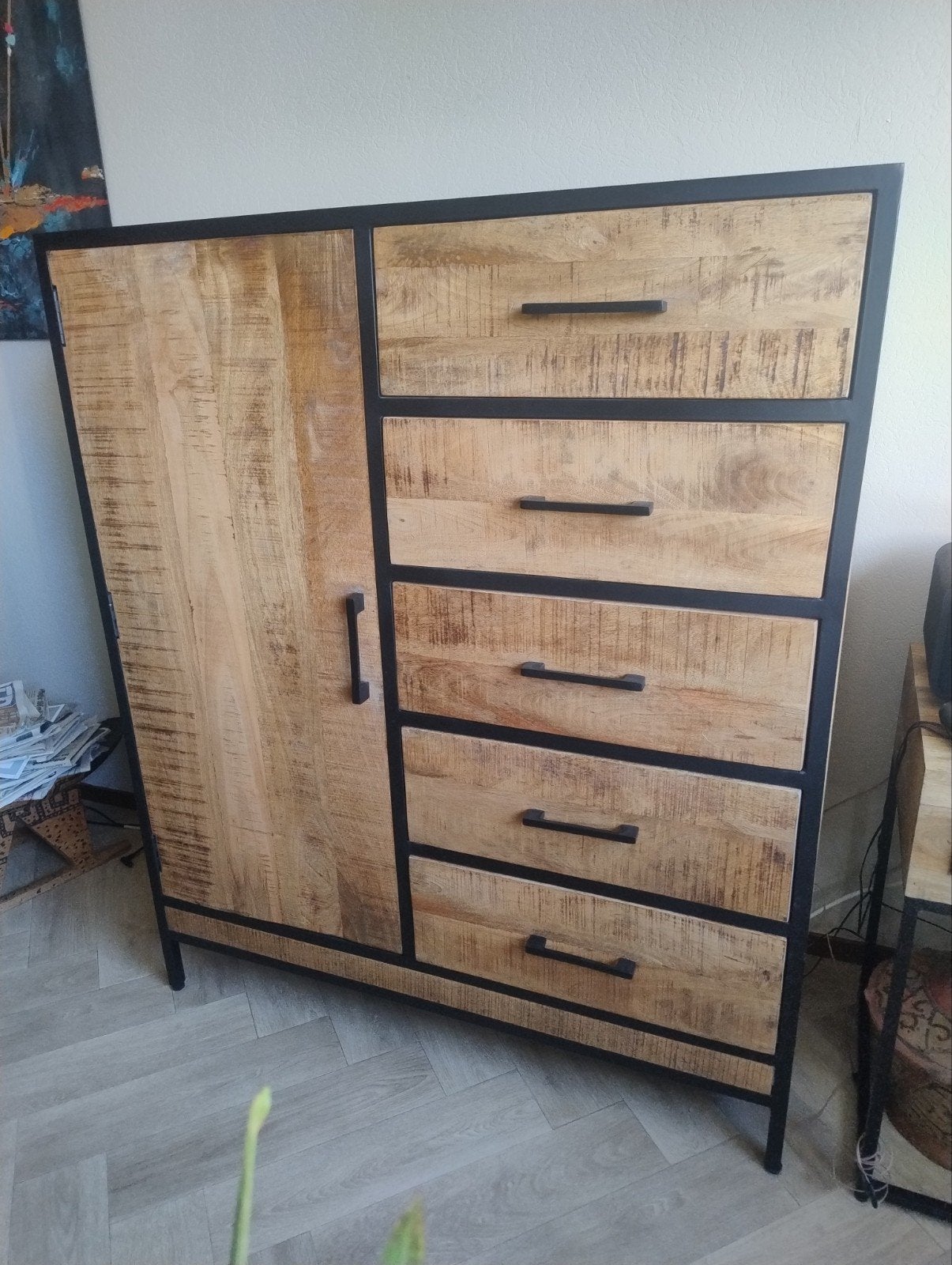 Industriële Kast met Lades en Deur - Mangohout & Metaal, Gebruikt, 100 tot 150 cm, Industrieel, 25 tot 50 cm