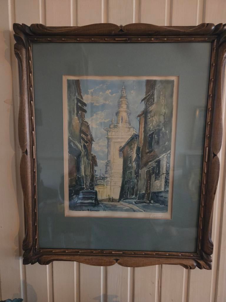 Schilderij van R. Lorrain, stadsgezicht met toren, Ophalen of Verzenden